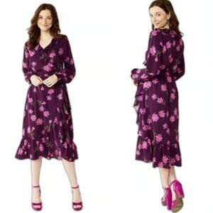 Draper James RSVP Long Sleeve Ruffle Midi Purple Floral Wrap Dress Medium